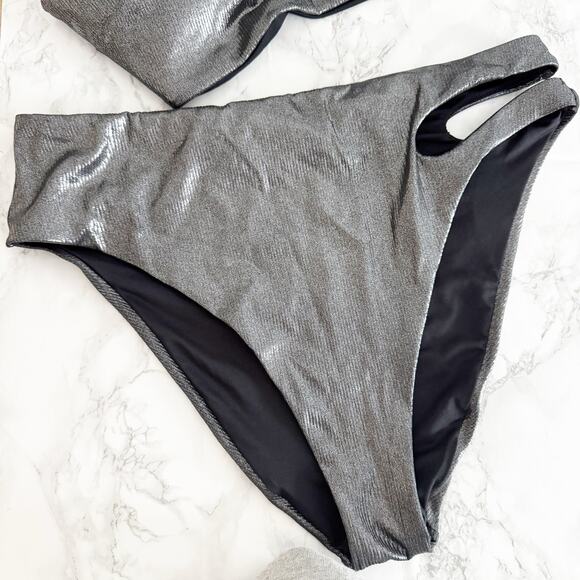VICTORIA'S SECRET One Shoulder Cut Out High Waist Bikini Set Silver Foil L XL - Picture 9 of 13